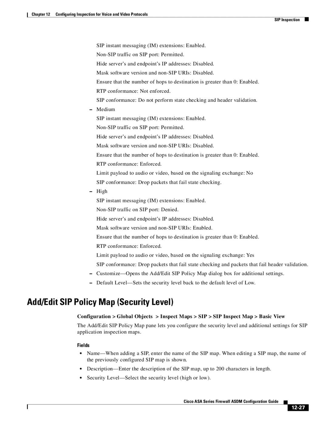 Cisco Systems ASA 5585-X, ASA 5505, ASA 5545-X, ASA 5555-X, ASA 5580 manual Add/Edit SIP Policy Map Security Level, 12-27 