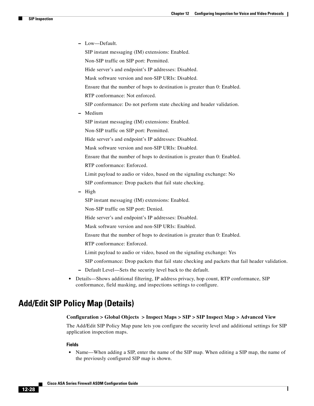 Cisco Systems ASA 5580, ASA 5505, ASA 5545-X, ASA 5555-X, ASA 5585-X manual Add/Edit SIP Policy Map Details, 12-28 