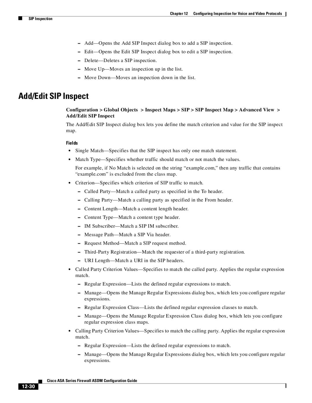 Cisco Systems ASA 5505, ASA 5545-X, ASA 5555-X, ASA 5585-X, ASA 5580, ASA Services Module manual Add/Edit SIP Inspect, 12-30 