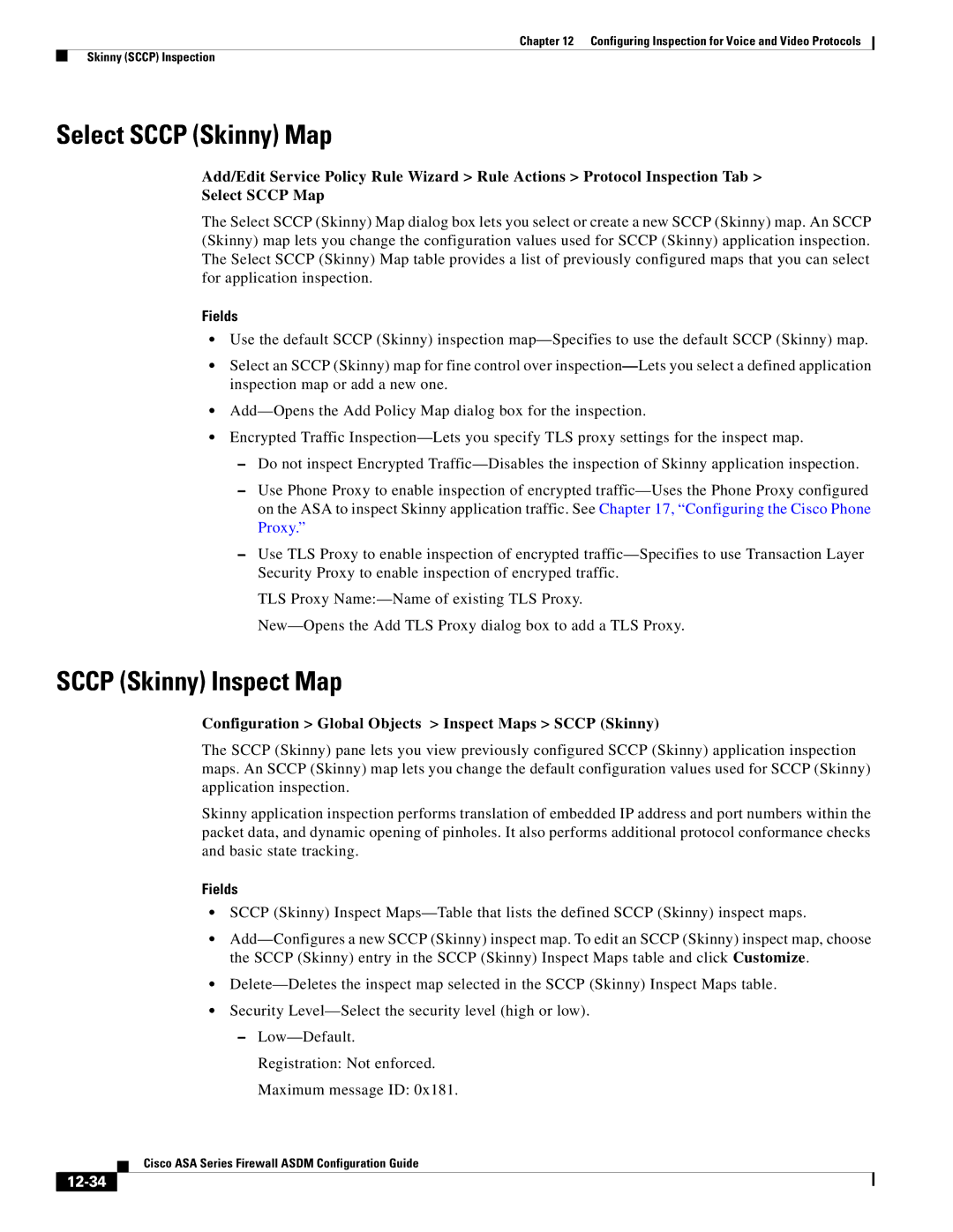 Cisco Systems ASA 5580, ASA 5505, ASA 5545-X, ASA 5555-X, ASA 5585-X Select Sccp Skinny Map, Sccp Skinny Inspect Map, 12-34 