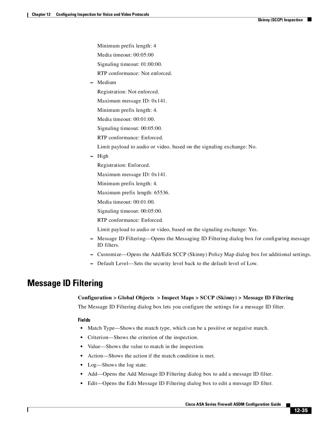 Cisco Systems ASA Services Module, ASA 5505, ASA 5545-X, ASA 5555-X, ASA 5585-X, ASA 5580 manual Message ID Filtering, 12-35 