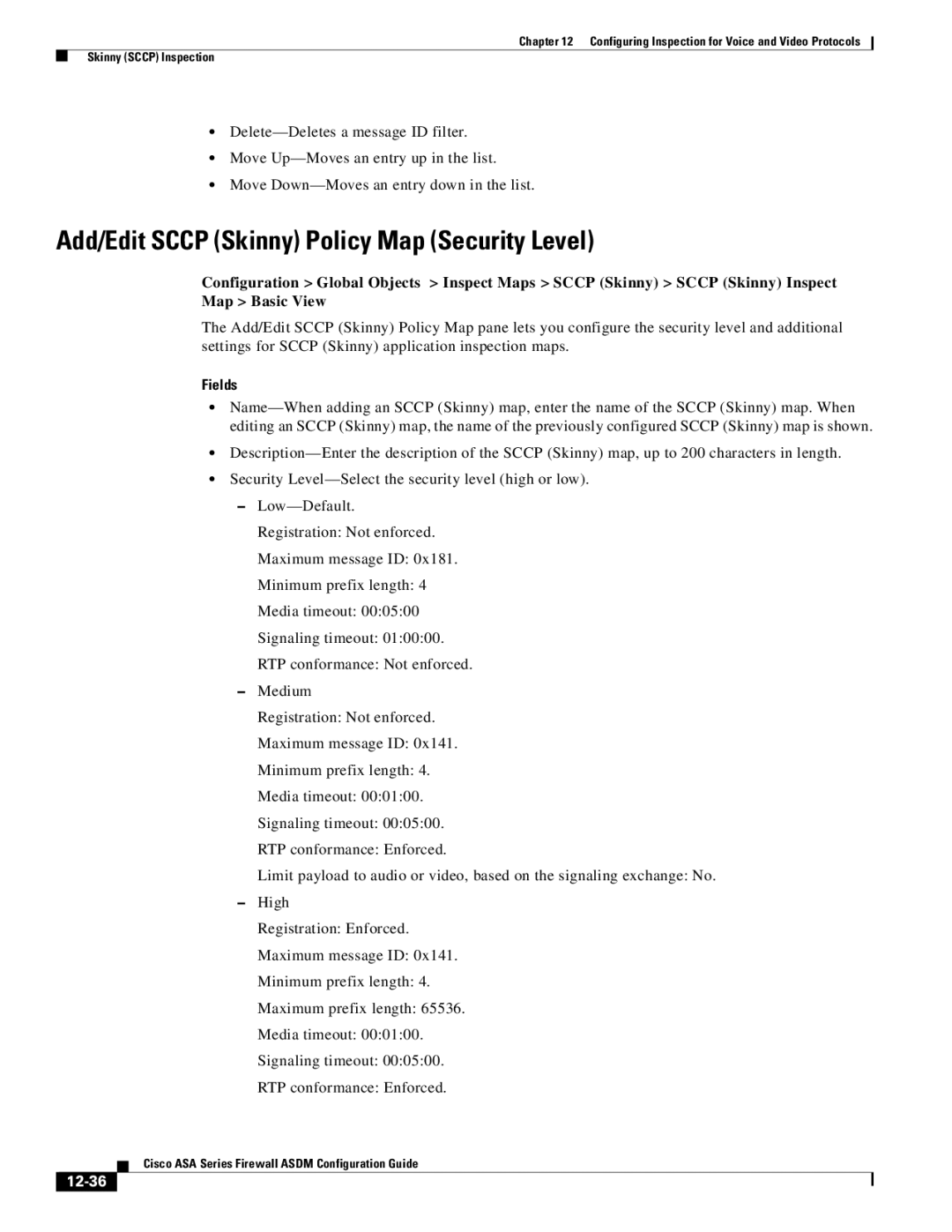 Cisco Systems ASA 5505, ASA 5545-X, ASA 5555-X, ASA 5585-X, ASA 5580 Add/Edit Sccp Skinny Policy Map Security Level, 12-36 