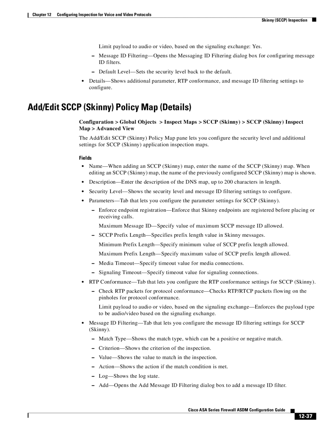 Cisco Systems ASA 5545-X, ASA 5505, ASA 5555-X, ASA 5585-X, ASA 5580 manual Add/Edit Sccp Skinny Policy Map Details, 12-37 