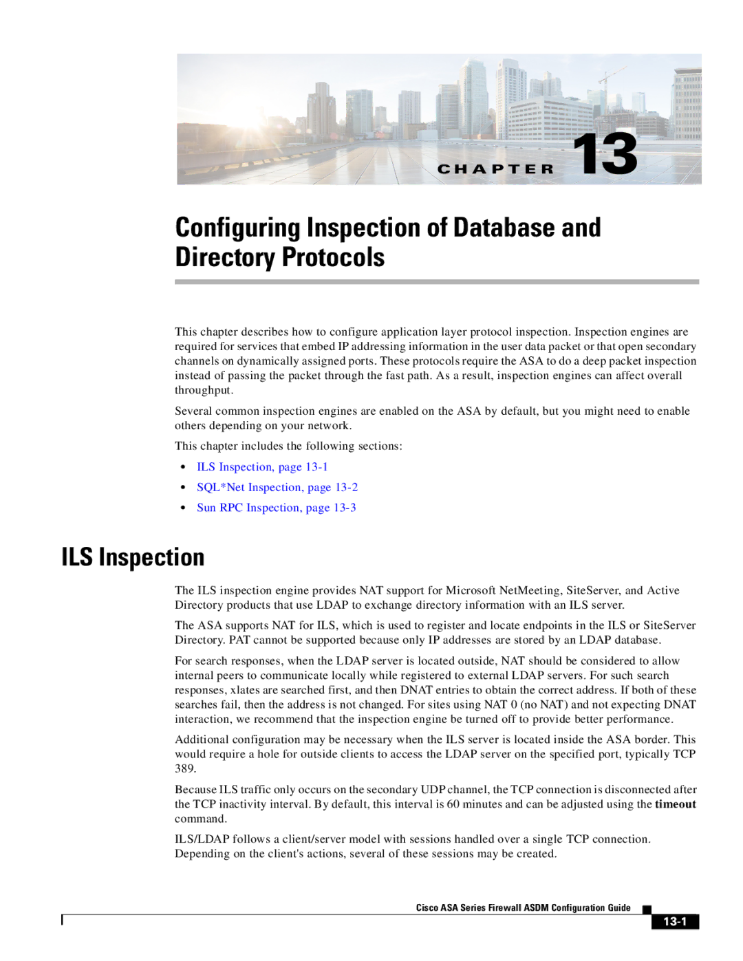 Cisco Systems ASA 5585-X, ASA 5505, ASA 5545-X Configuring Inspection of Database Directory Protocols, ILS Inspection, 13-1 