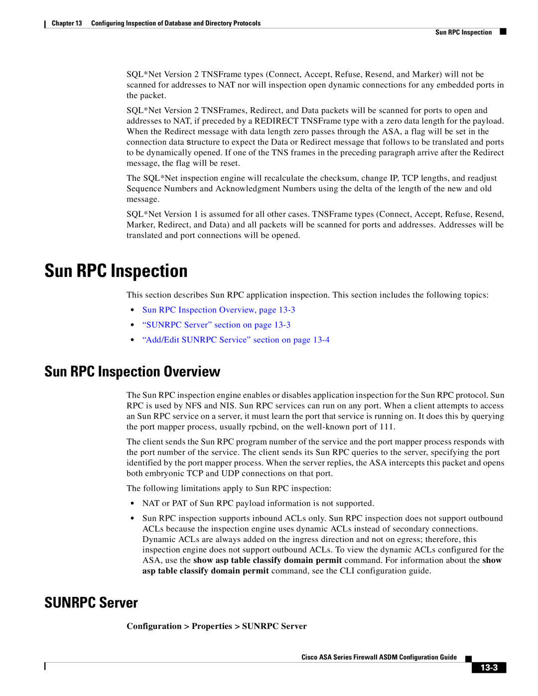 Cisco Systems ASA Services Module manual Sun RPC Inspection Overview, Configuration Properties Sunrpc Server, 13-3 