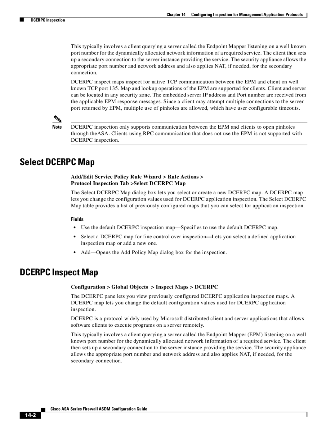 Cisco Systems ASA 5555-X Select Dcerpc Map, Dcerpc Inspect Map, Configuration Global Objects Inspect Maps Dcerpc, 14-2 