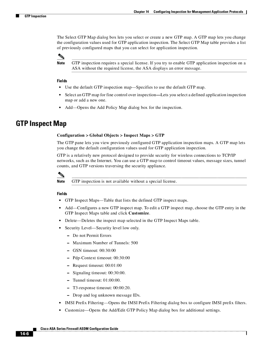 Cisco Systems ASA 5505, ASA 5545-X, ASA 5555-X manual GTP Inspect Map, Configuration Global Objects Inspect Maps GTP, 14-6 