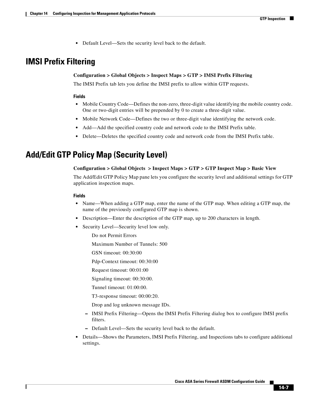 Cisco Systems ASA 5545-X, ASA 5505, ASA 5555-X, ASA 5580 Imsi Prefix Filtering, Add/Edit GTP Policy Map Security Level, 14-7 