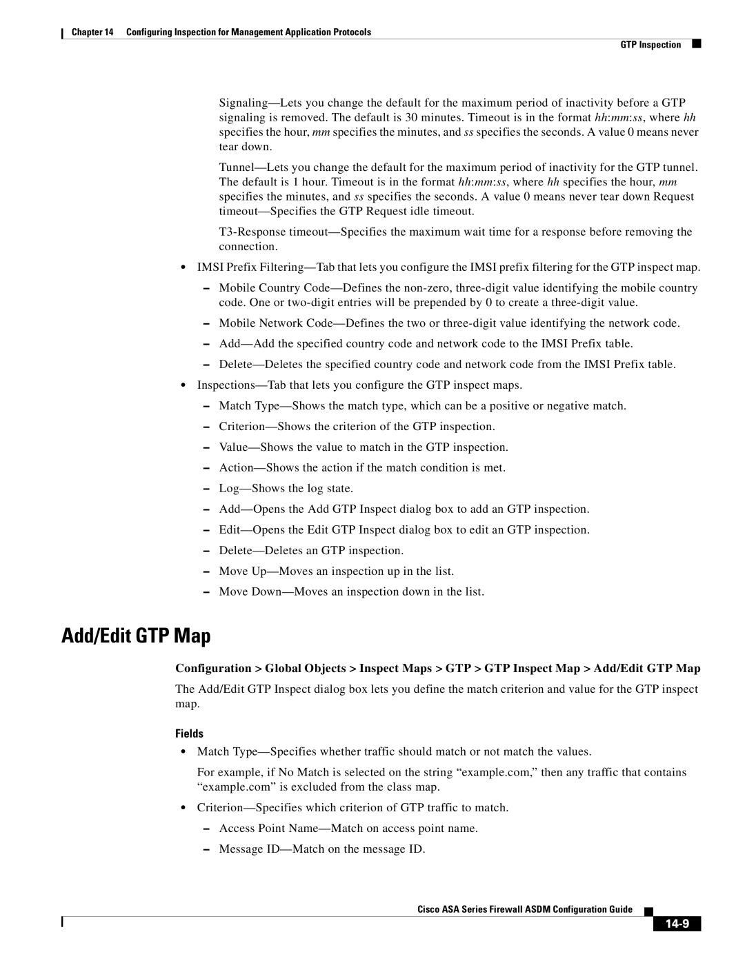 Cisco Systems ASA 5585-X, ASA 5505, ASA 5545-X, ASA 5555-X, ASA 5580, ASA Services Module manual Add/Edit GTP Map, 14-9 