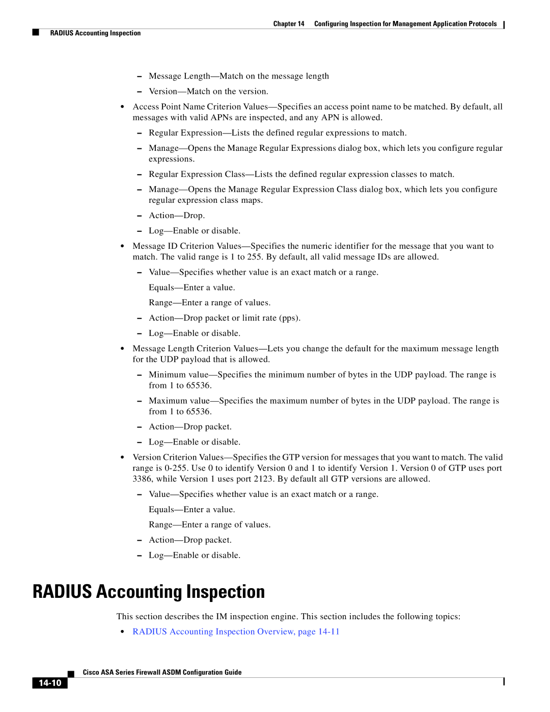 Cisco Systems ASA 5580, ASA 5505, ASA 5545-X, ASA 5555-X, ASA 5585-X, ASA Services Module Radius Accounting Inspection, 14-10 