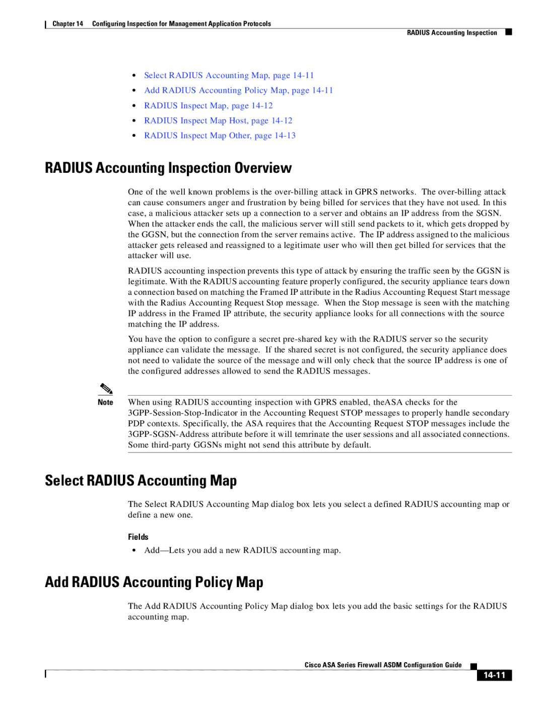 Cisco Systems ASA Services Module, ASA 5505 Radius Accounting Inspection Overview, Select Radius Accounting Map, 14-11 