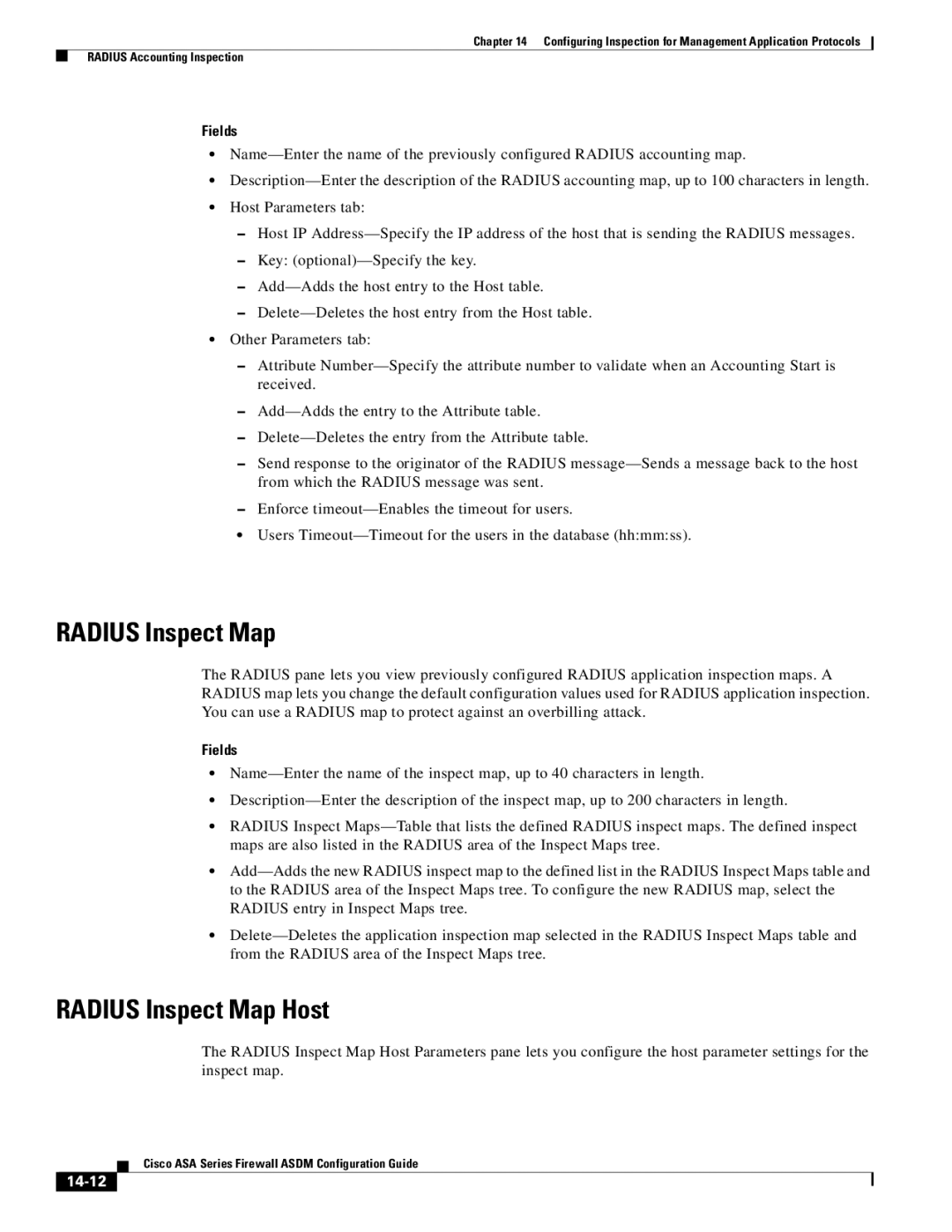 Cisco Systems ASA 5505, ASA 5545-X, ASA 5555-X, ASA 5585-X, ASA 5580, ASA Services Module Radius Inspect Map Host, 14-12 