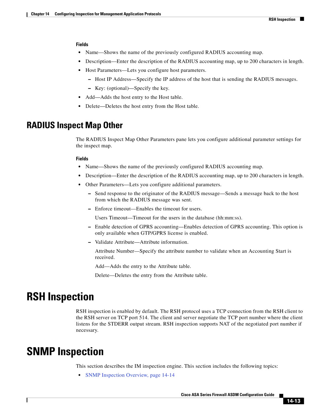 Cisco Systems ASA 5545-X, ASA 5505, ASA 5555-X, ASA 5585-X RSH Inspection, Snmp Inspection, Radius Inspect Map Other, 14-13 