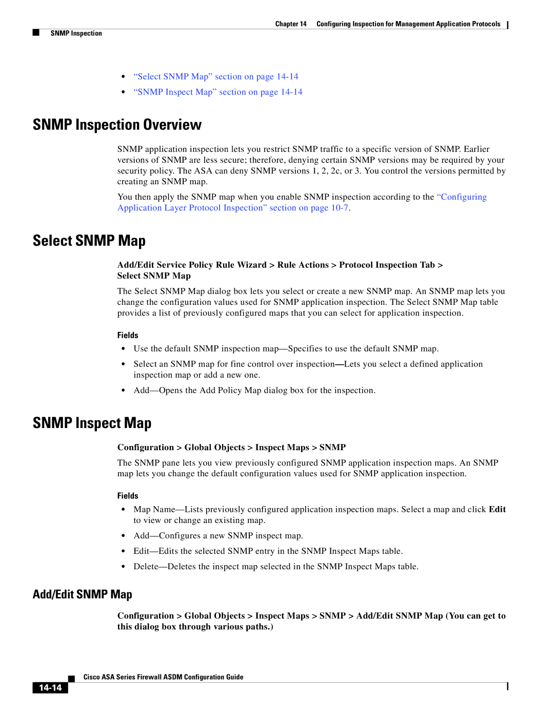 Cisco Systems ASA 5555-X, ASA 5505 Snmp Inspection Overview, Select Snmp Map, Snmp Inspect Map, Add/Edit Snmp Map, 14-14 