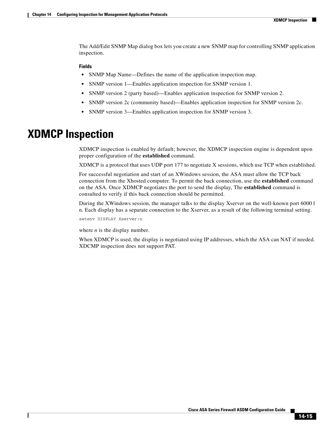 Cisco Systems ASA 5585-X, ASA 5505, ASA 5545-X, ASA 5555-X, ASA 5580, ASA Services Module manual Xdmcp Inspection, 14-15 