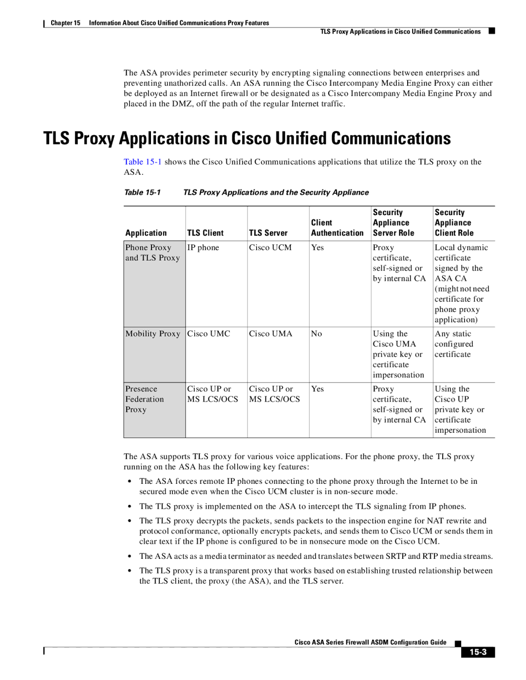 Cisco Systems ASA 5585-X, ASA 5505, ASA 5545-X, ASA 5555-X manual TLS Proxy Applications in Cisco Unified Communications, 15-3 