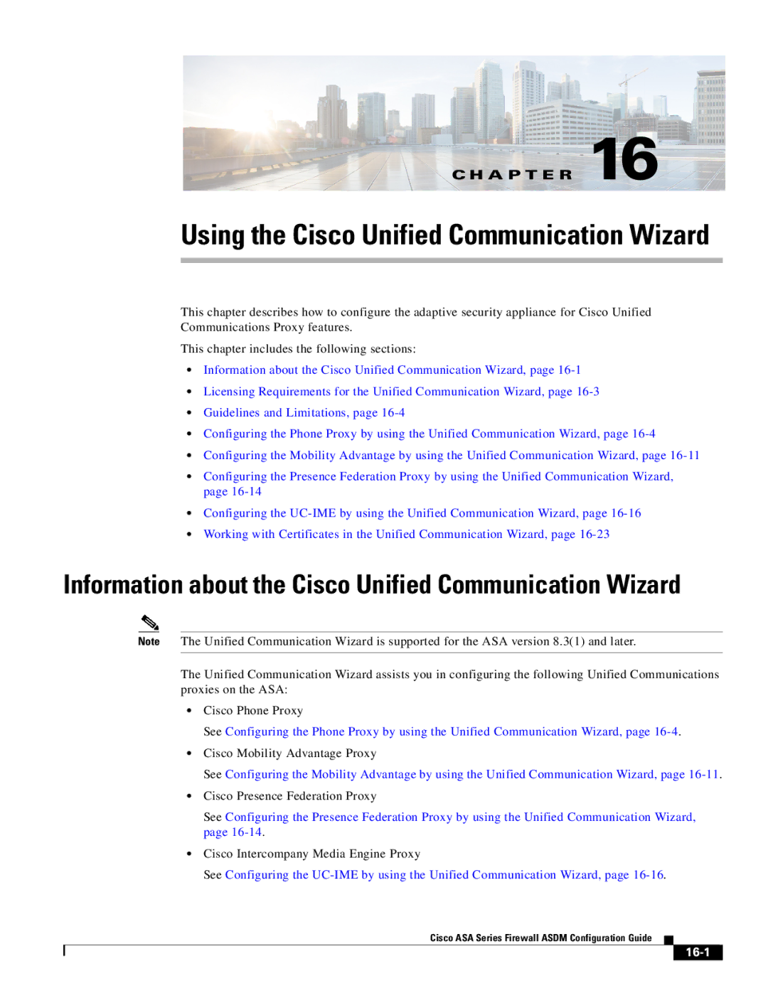 Cisco Systems ASA 5545-X, ASA 5505, ASA 5555-X, ASA 5585-X, ASA 5580 manual Using the Cisco Unified Communication Wizard, 16-1 