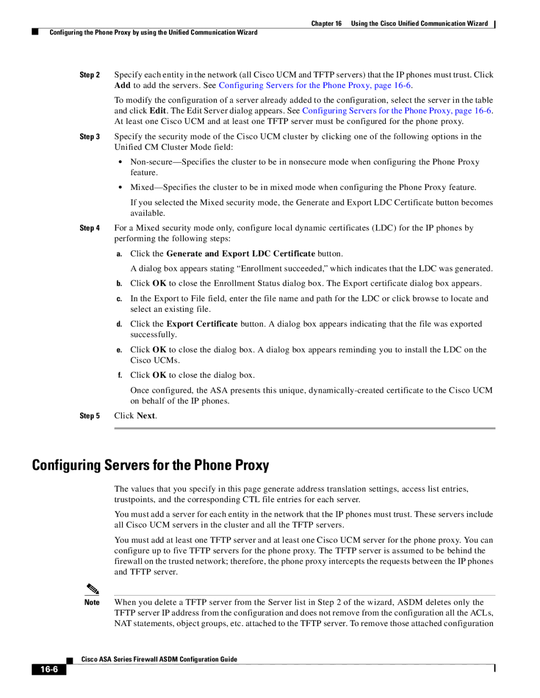 Cisco Systems ASA 5505 Configuring Servers for the Phone Proxy, Click the Generate and Export LDC Certificate button, 16-6 