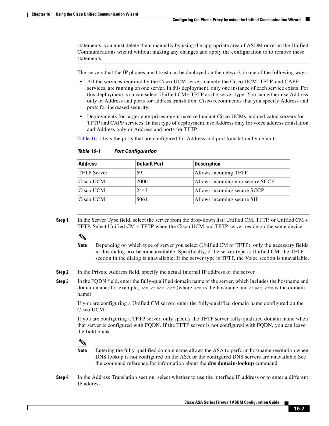 Cisco Systems ASA 5545-X, ASA 5505, ASA 5555-X, ASA 5585-X, ASA 5580 manual Address Default Port Description, 16-7 