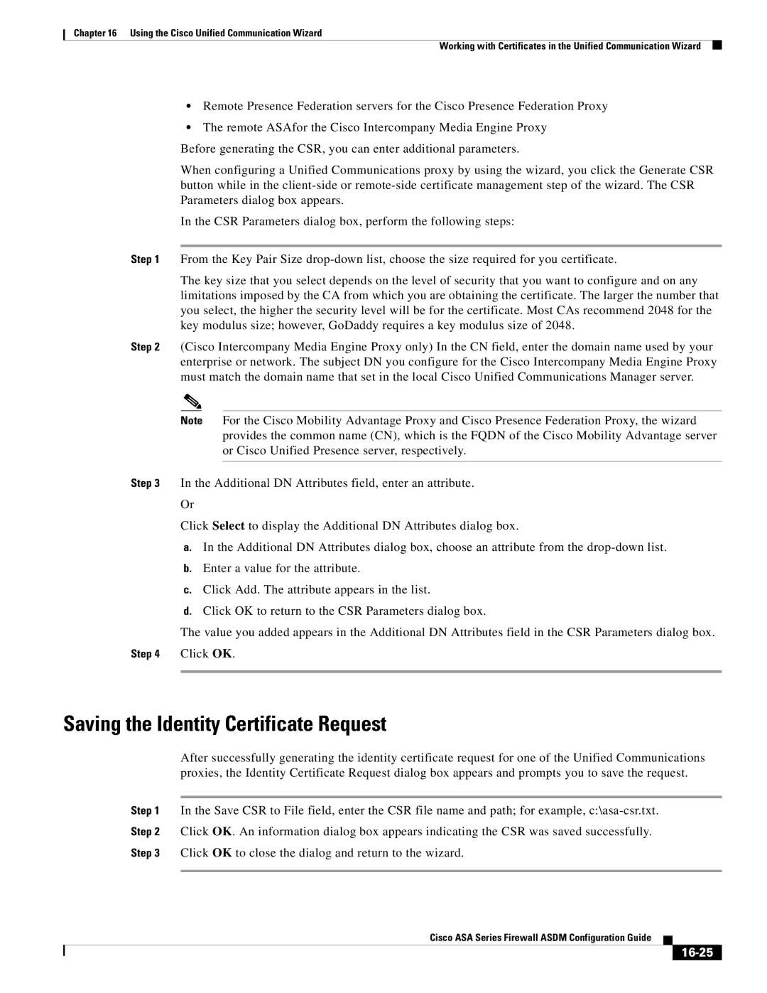 Cisco Systems ASA 5545-X, ASA 5505, ASA 5555-X, ASA 5585-X, ASA 5580 manual Saving the Identity Certificate Request, 16-25 