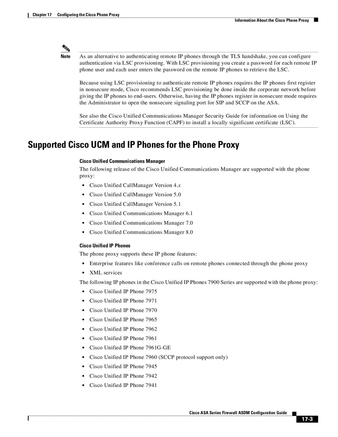 Cisco Systems ASA 5545-X Supported Cisco UCM and IP Phones for the Phone Proxy, Cisco Unified Communications Manager, 17-3 