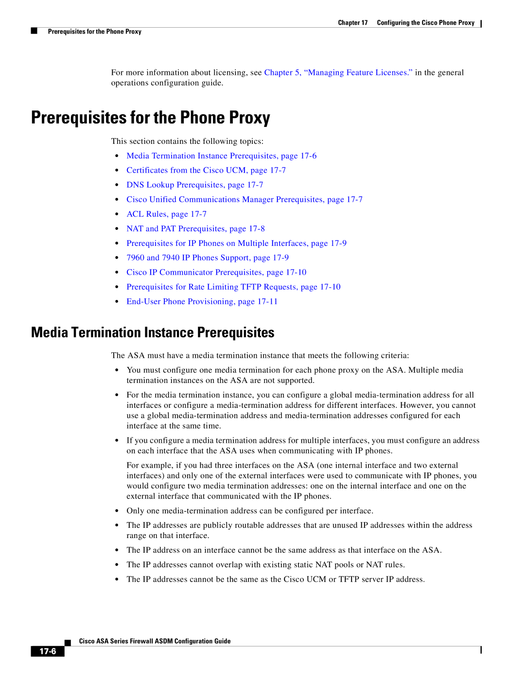 Cisco Systems ASA 5580, ASA 5505 manual Prerequisites for the Phone Proxy, Media Termination Instance Prerequisites, 17-6 