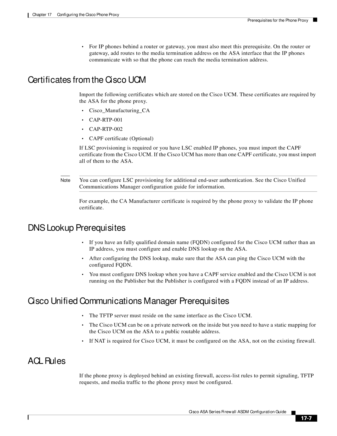 Cisco Systems ASA Services Module, ASA 5505 Certificates from the Cisco UCM, DNS Lookup Prerequisites, ACL Rules, 17-7 