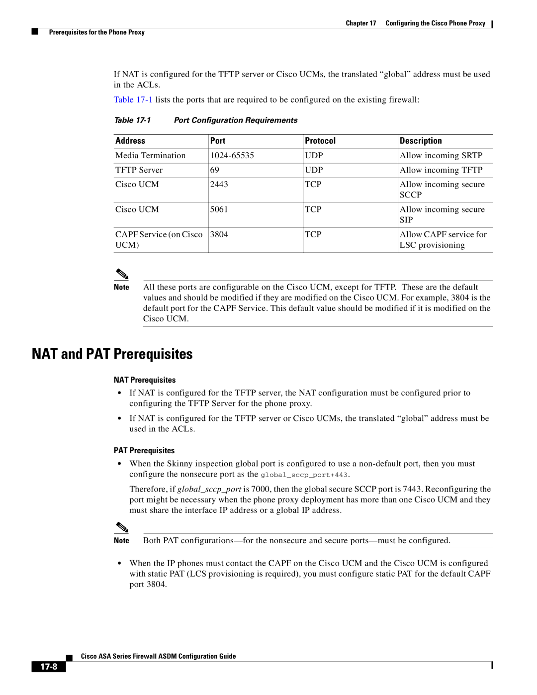 Cisco Systems ASA 5505, ASA 5545-X NAT and PAT Prerequisites, Address Port Protocol Description, NAT Prerequisites, 17-8 