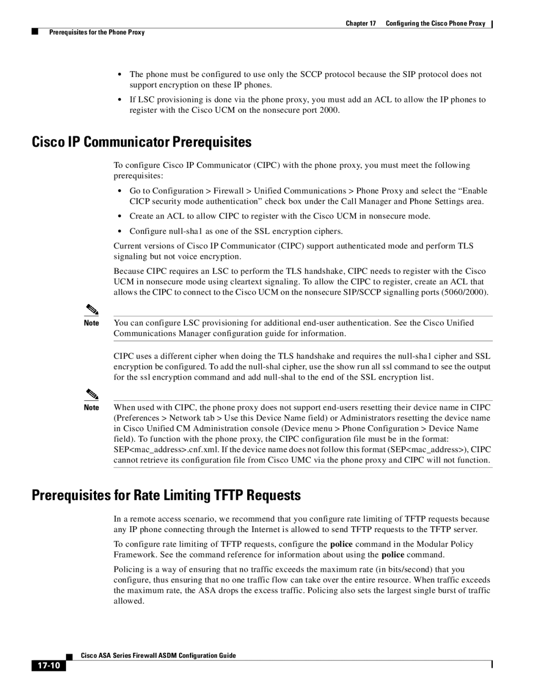 Cisco Systems ASA 5555-X manual Cisco IP Communicator Prerequisites, Prerequisites for Rate Limiting Tftp Requests, 17-10 