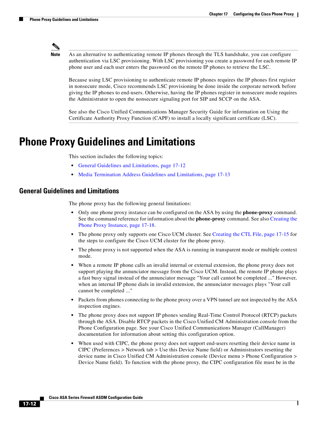 Cisco Systems ASA 5580, ASA 5505 manual Phone Proxy Guidelines and Limitations, General Guidelines and Limitations, 17-12 