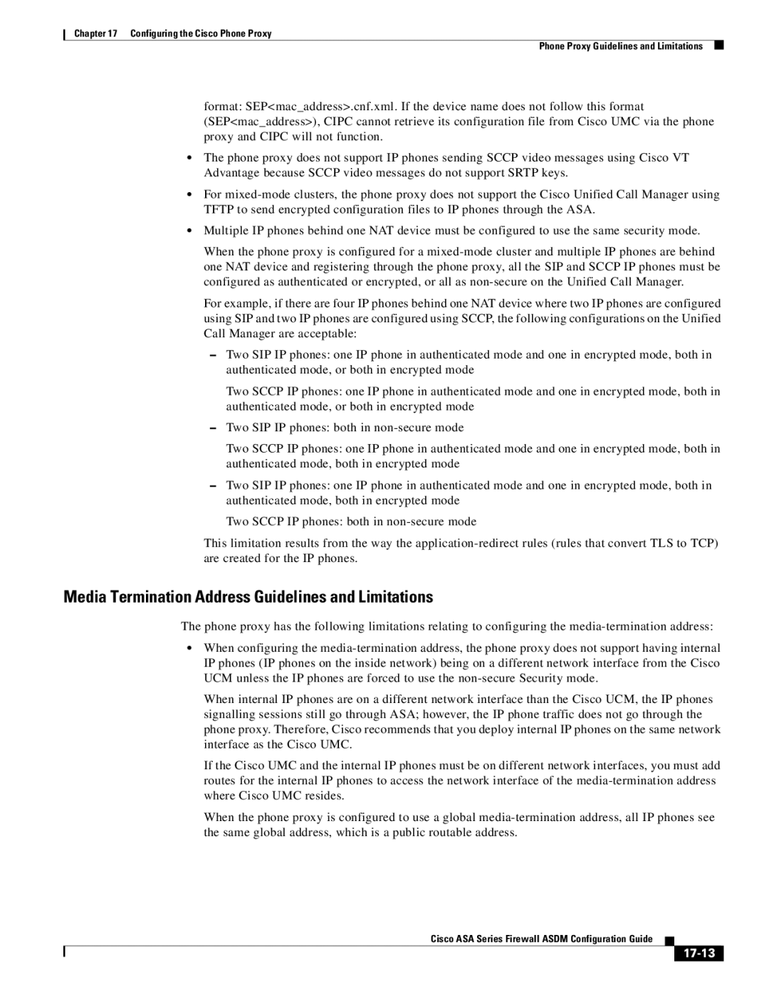 Cisco Systems ASA Services Module, ASA 5505, ASA 5545-X manual Media Termination Address Guidelines and Limitations, 17-13 