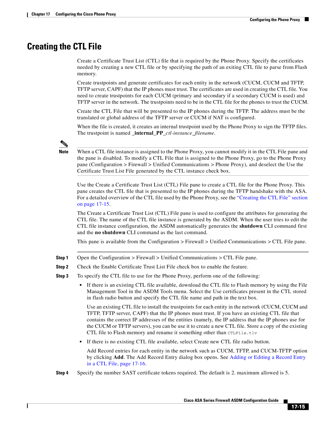 Cisco Systems ASA 5545-X, ASA 5505, ASA 5555-X, ASA 5585-X, ASA 5580, ASA Services Module manual Creating the CTL File, 17-15 