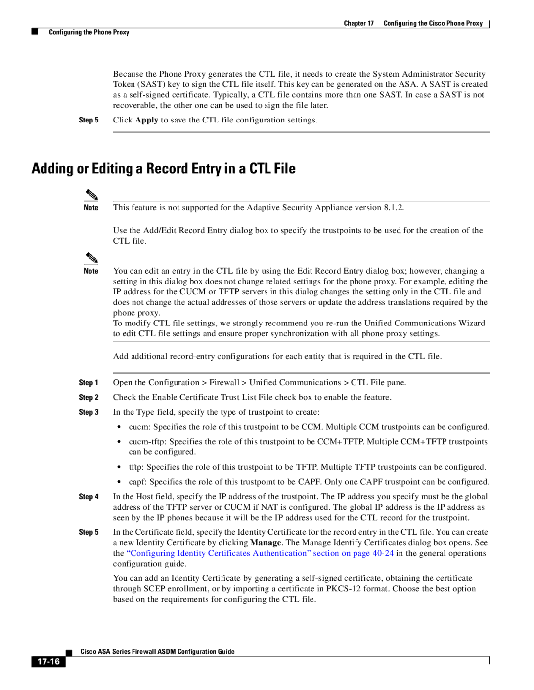 Cisco Systems ASA 5555-X, ASA 5505, ASA 5545-X, ASA 5585-X, ASA 5580 Adding or Editing a Record Entry in a CTL File, 17-16 