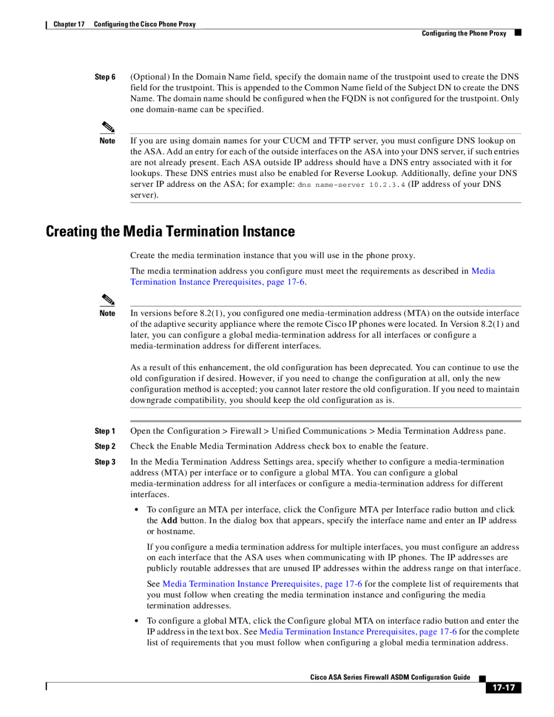 Cisco Systems ASA 5585-X, ASA 5505, ASA 5545-X, ASA 5555-X, ASA 5580 manual Creating the Media Termination Instance, 17-17 