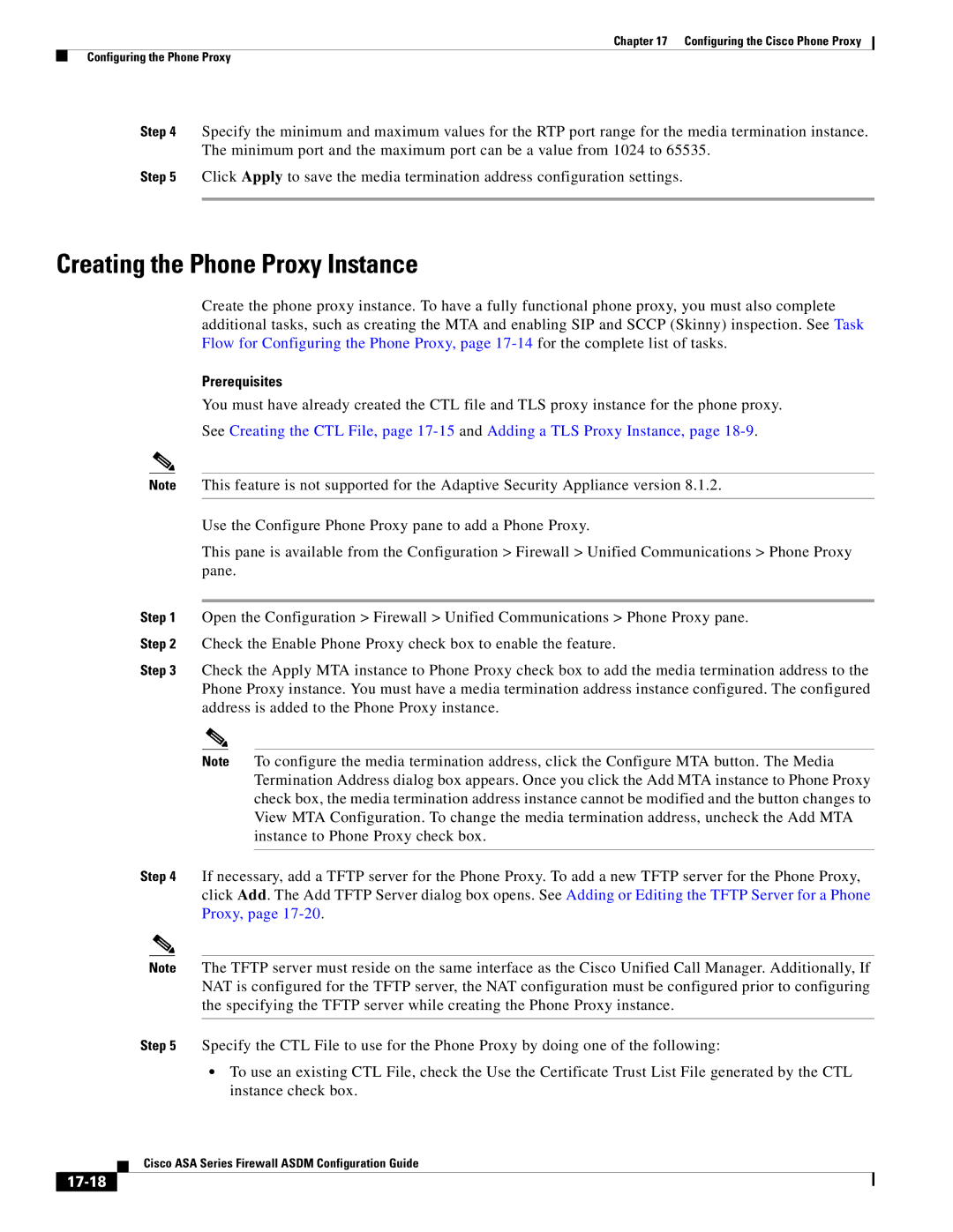 Cisco Systems ASA 5580, ASA 5505, ASA 5545-X, ASA 5555-X, ASA 5585-X manual Creating the Phone Proxy Instance, 17-18 