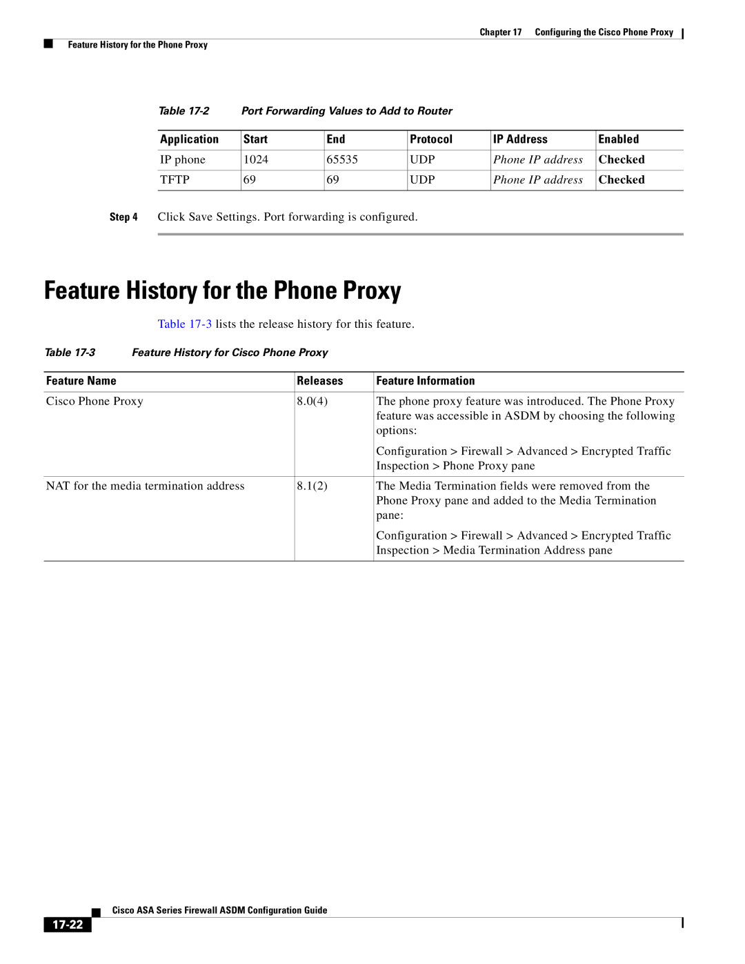 Cisco Systems ASA 5555-X Feature History for the Phone Proxy, Application Start End Protocol IP Address Enabled, Checked 