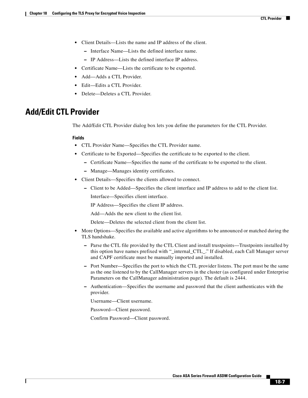 Cisco Systems ASA 5585-X, ASA 5505, ASA 5545-X, ASA 5555-X, ASA 5580, ASA Services Module manual Add/Edit CTL Provider, 18-7 