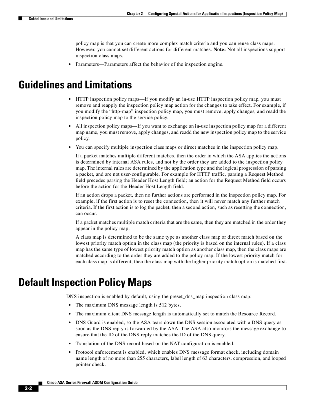 Cisco Systems ASA 5580, ASA 5505, ASA 5545-X, ASA 5555-X manual Guidelines and Limitations, Default Inspection Policy Maps 