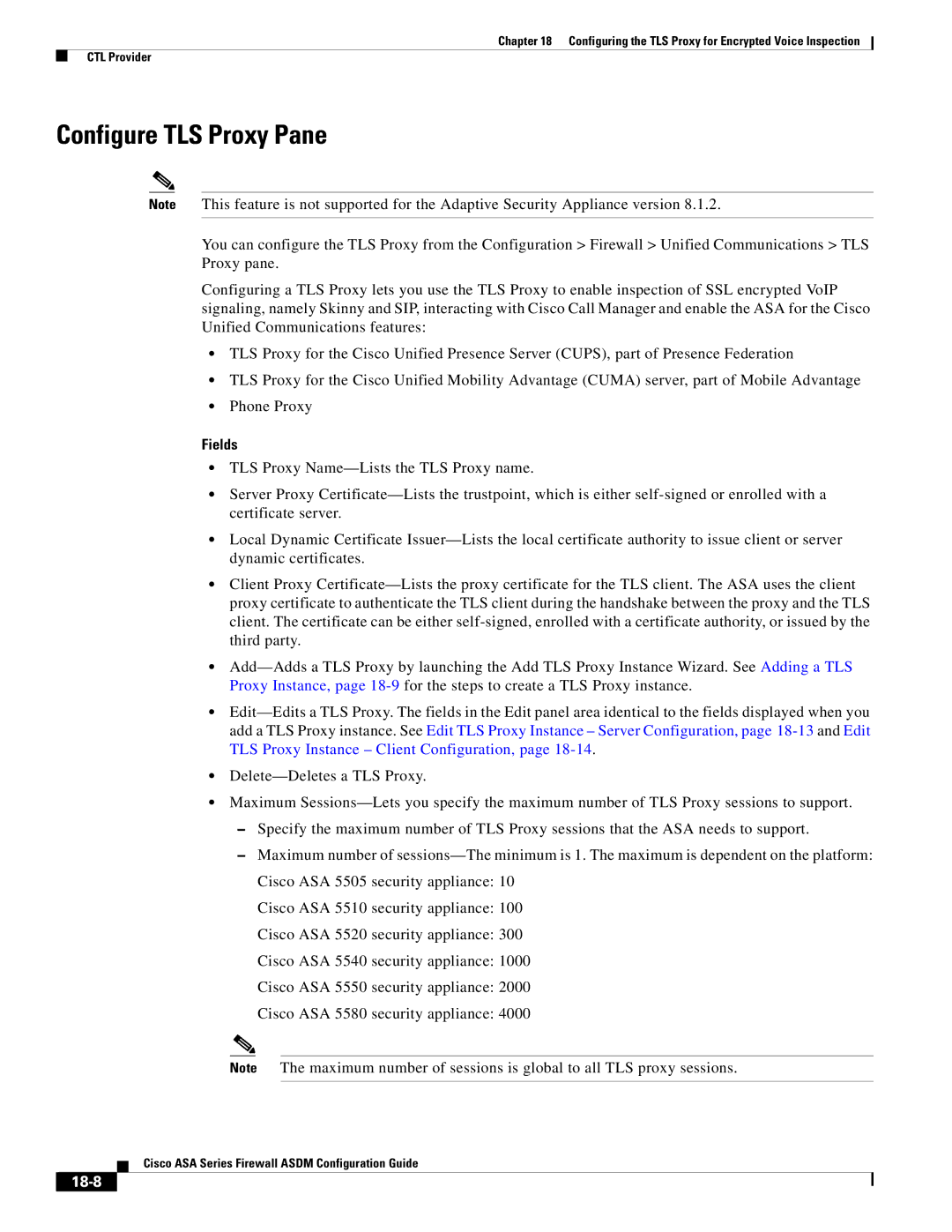 Cisco Systems ASA 5580, ASA 5505, ASA 5545-X, ASA 5555-X, ASA 5585-X, ASA Services Module manual Configure TLS Proxy Pane, 18-8 