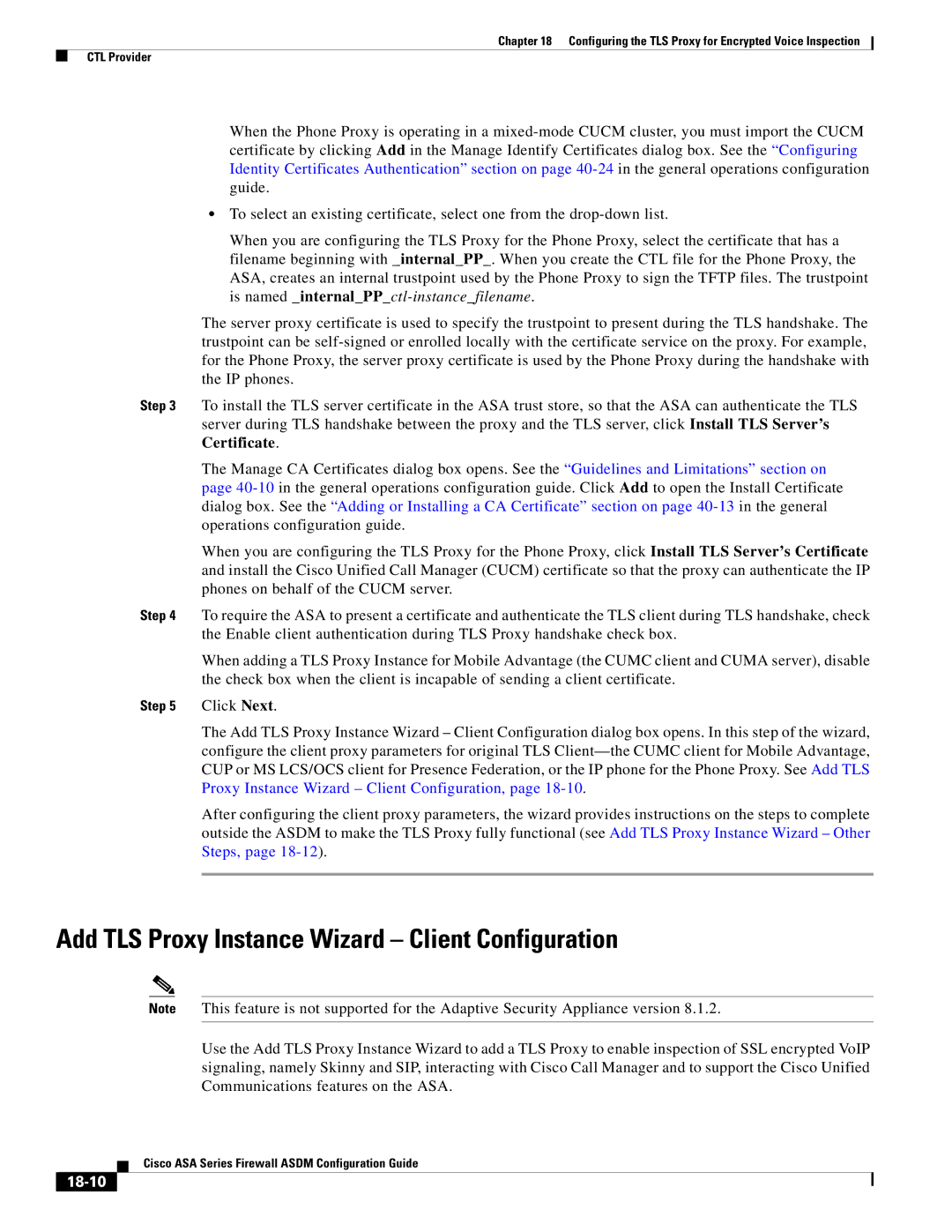 Cisco Systems ASA 5505, ASA 5545-X, ASA 5555-X, ASA 5585-X manual Add TLS Proxy Instance Wizard Client Configuration, 18-10 