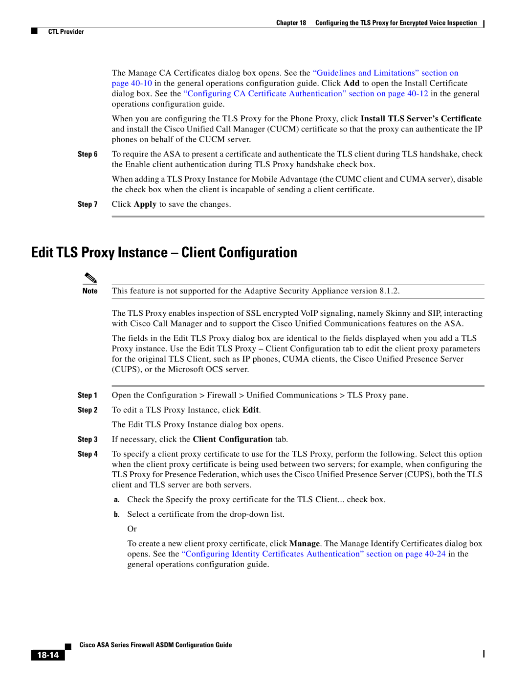 Cisco Systems ASA 5580, ASA 5505, ASA 5545-X, ASA 5555-X, ASA 5585-X manual Edit TLS Proxy Instance Client Configuration, 18-14 