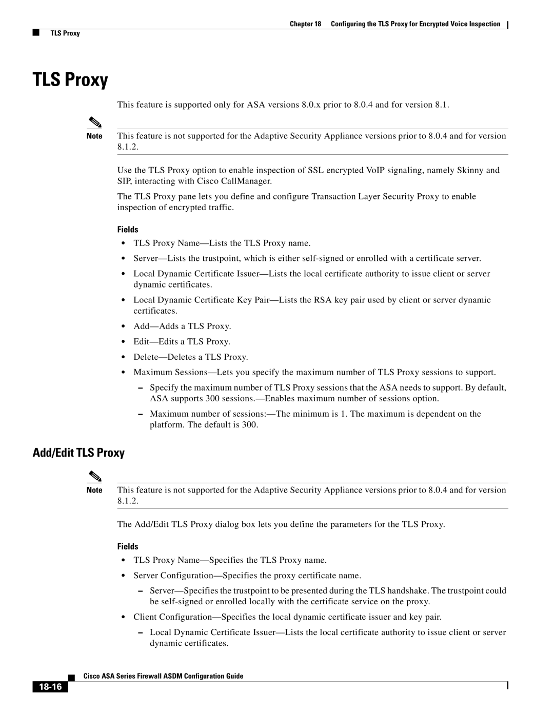 Cisco Systems ASA 5505, ASA 5545-X, ASA 5555-X, ASA 5585-X, ASA 5580, ASA Services Module manual Add/Edit TLS Proxy, 18-16 