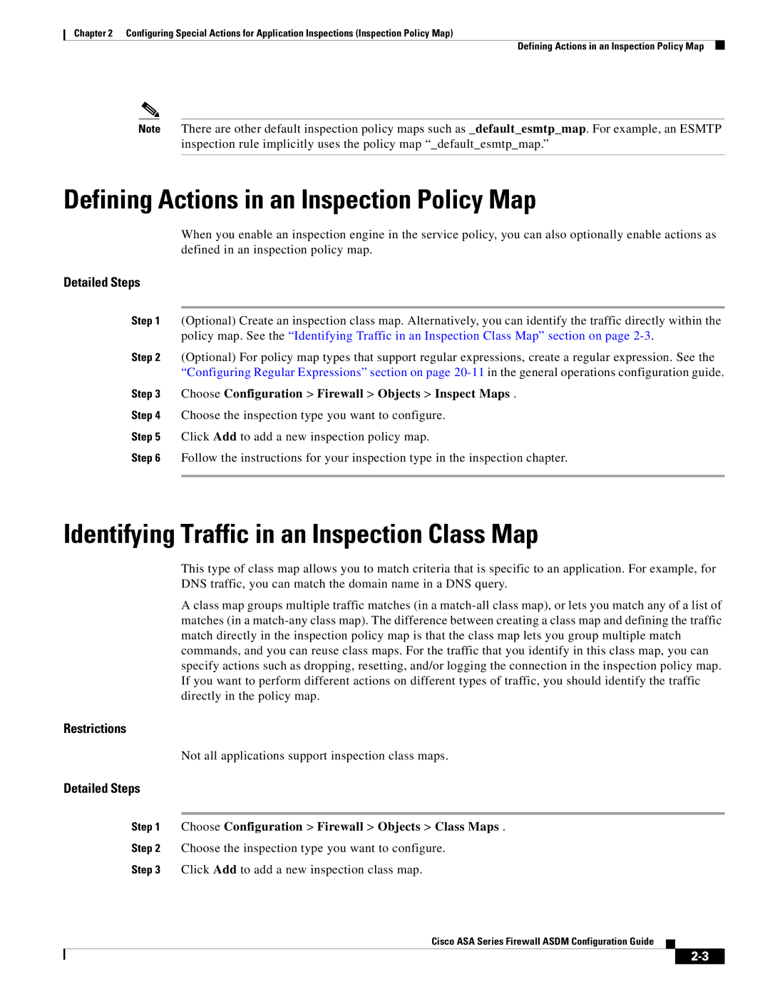 Cisco Systems ASA Services Module, ASA 5505, ASA 5545-X, ASA 5555-X, ASA 5585-X Defining Actions in an Inspection Policy Map 