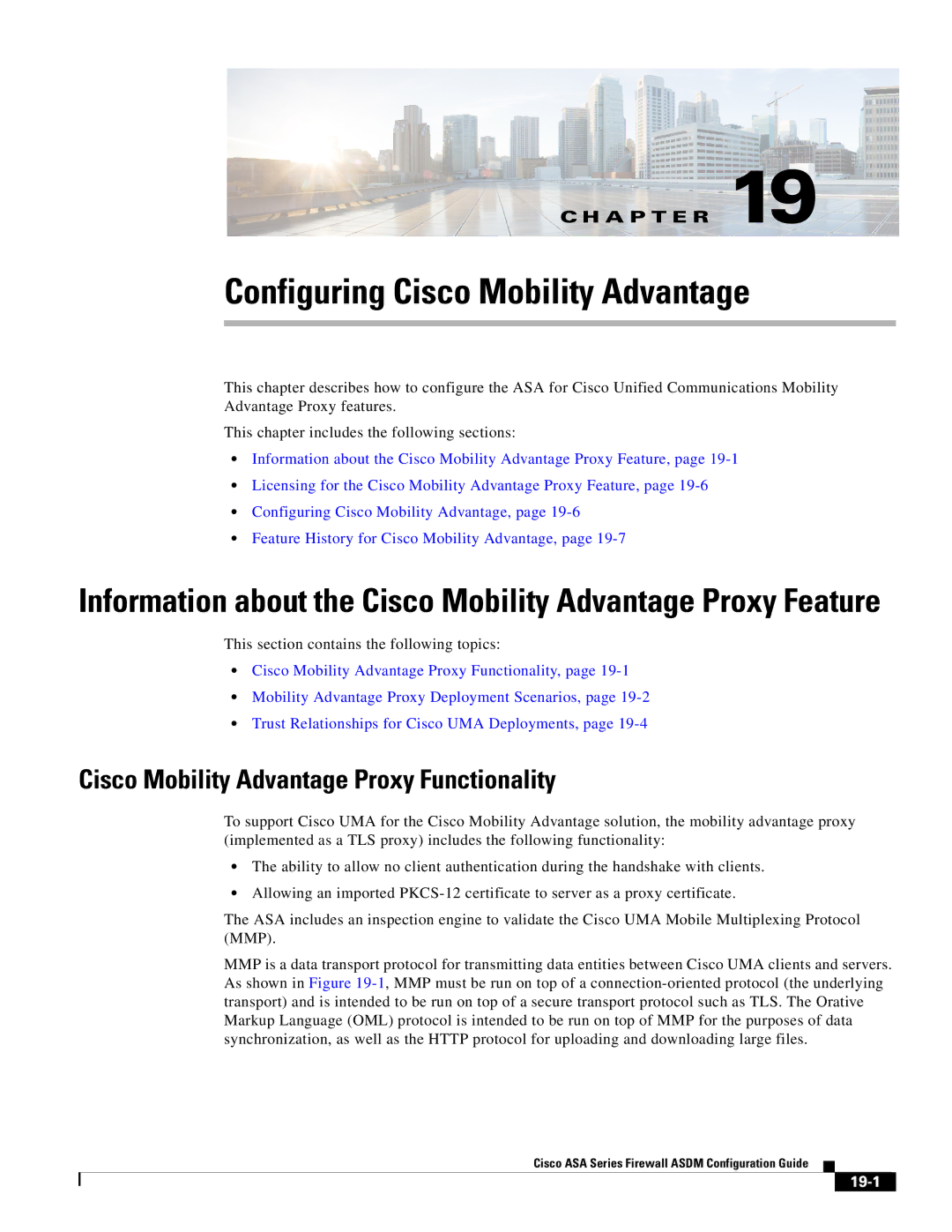 Cisco Systems ASA 5585-X manual Configuring Cisco Mobility Advantage, Cisco Mobility Advantage Proxy Functionality, 19-1 