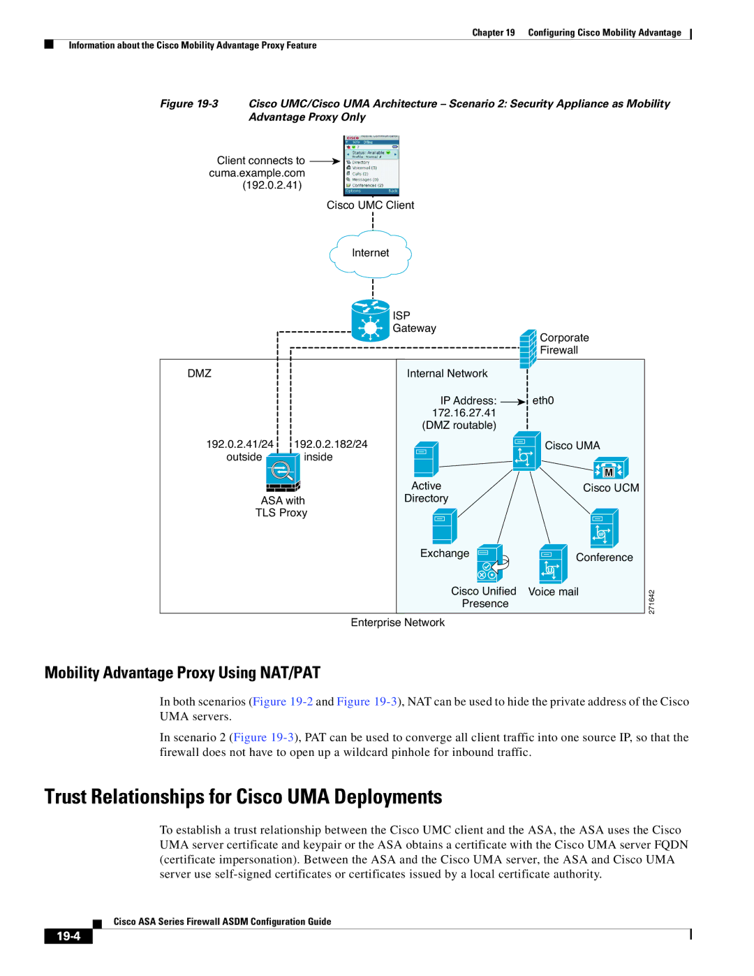 Cisco Systems ASA 5505 manual Trust Relationships for Cisco UMA Deployments, Mobility Advantage Proxy Using NAT/PAT, 19-4 