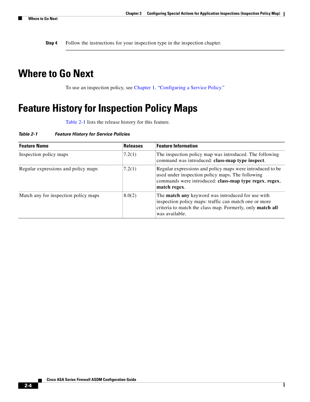 Cisco Systems ASA 5505, ASA 5545-X, ASA 5555-X, ASA 5585-X manual Where to Go Next, Feature History for Inspection Policy Maps 