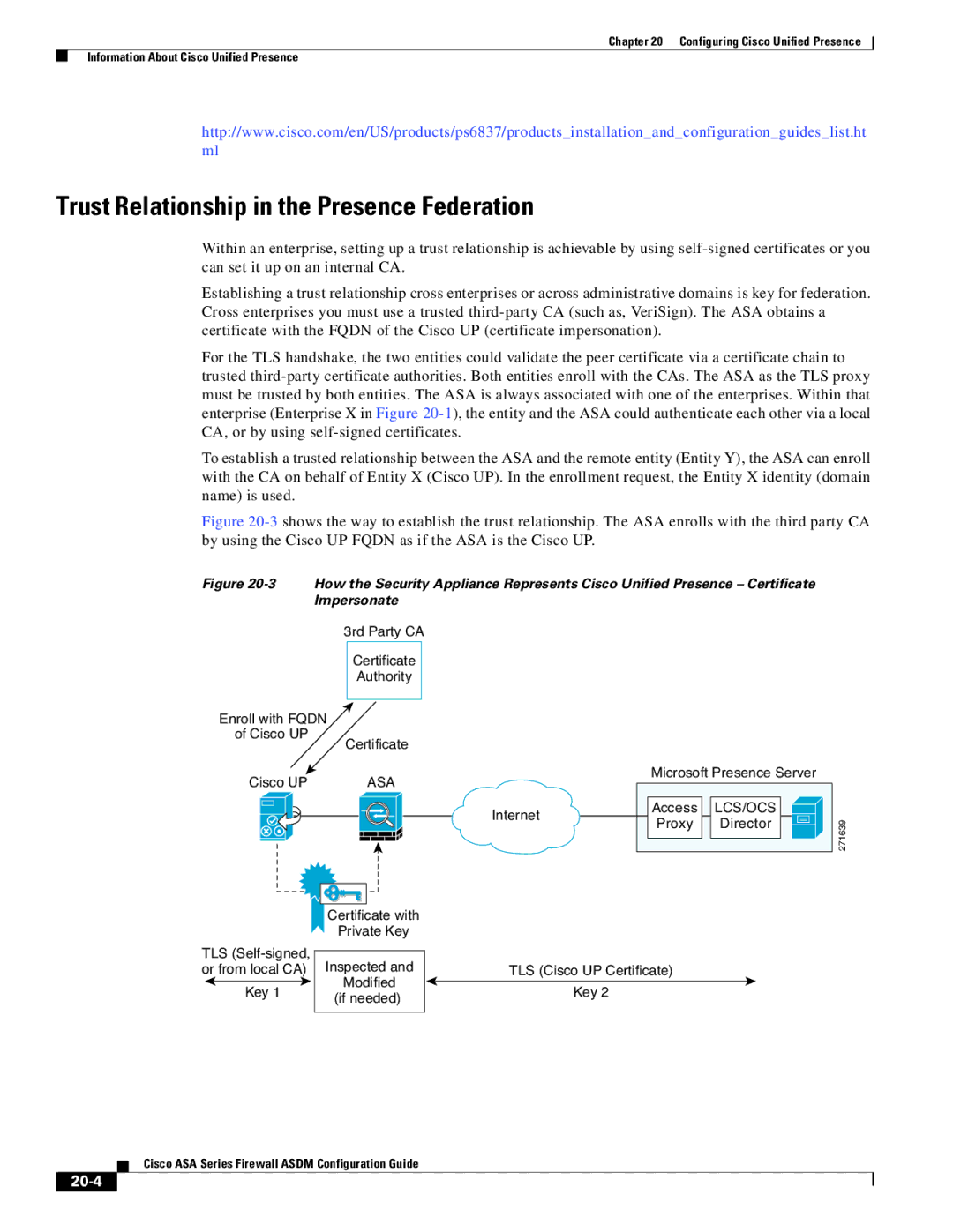 Cisco Systems ASA 5555-X, ASA 5505, ASA 5545-X, ASA 5585-X, ASA 5580 manual Trust Relationship in the Presence Federation, 20-4 