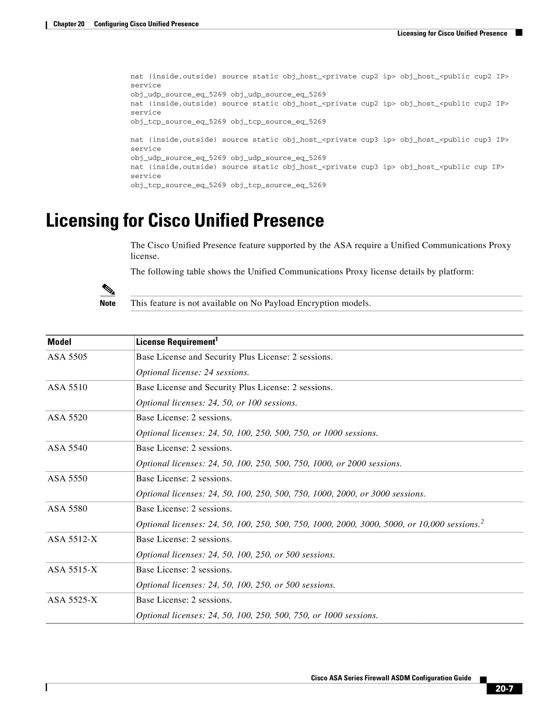 Cisco Systems ASA Services Module, ASA 5505, ASA 5545-X, ASA 5555-X, ASA 5585-X Licensing for Cisco Unified Presence, 20-7 