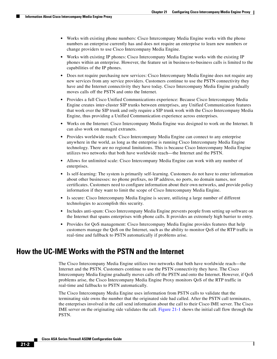 Cisco Systems ASA 5580, ASA 5505, ASA 5545-X, ASA 5555-X manual How the UC-IME Works with the Pstn and the Internet, 21-2 