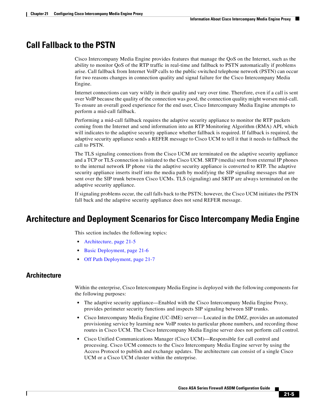 Cisco Systems ASA 5545-X, ASA 5505, ASA 5555-X, ASA 5585-X, ASA 5580 manual Call Fallback to the Pstn, Architecture, 21-5 